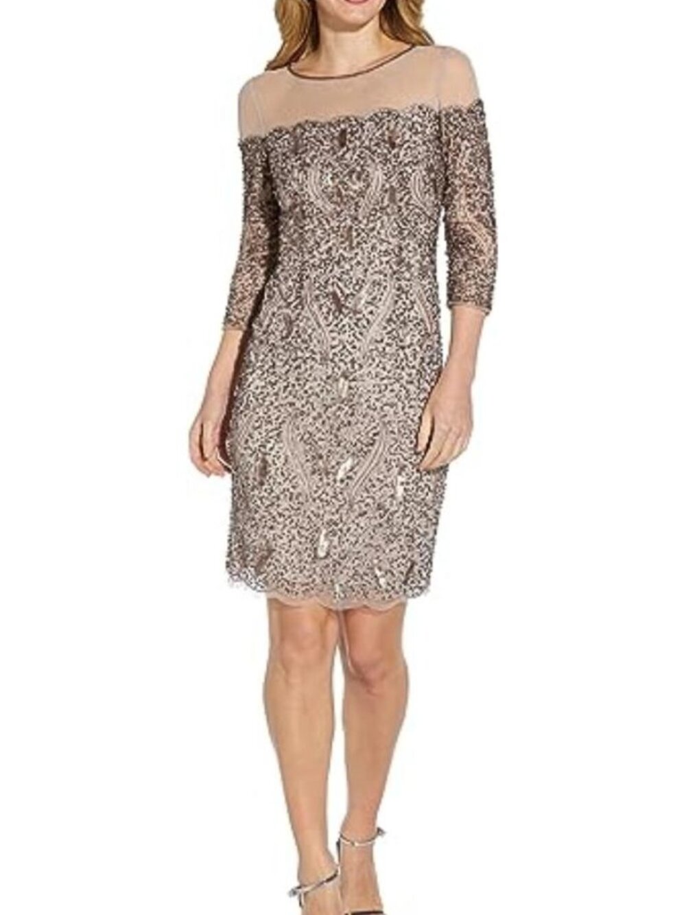 NEW Adrianna Papell Women’s Beaded Sequin Short Evening Dress Marble Scalloped